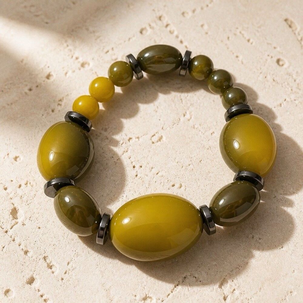 Handmade Statement Bracelet Stretch, Ombré Gunmetal AndYellow Acrylic Beads,
